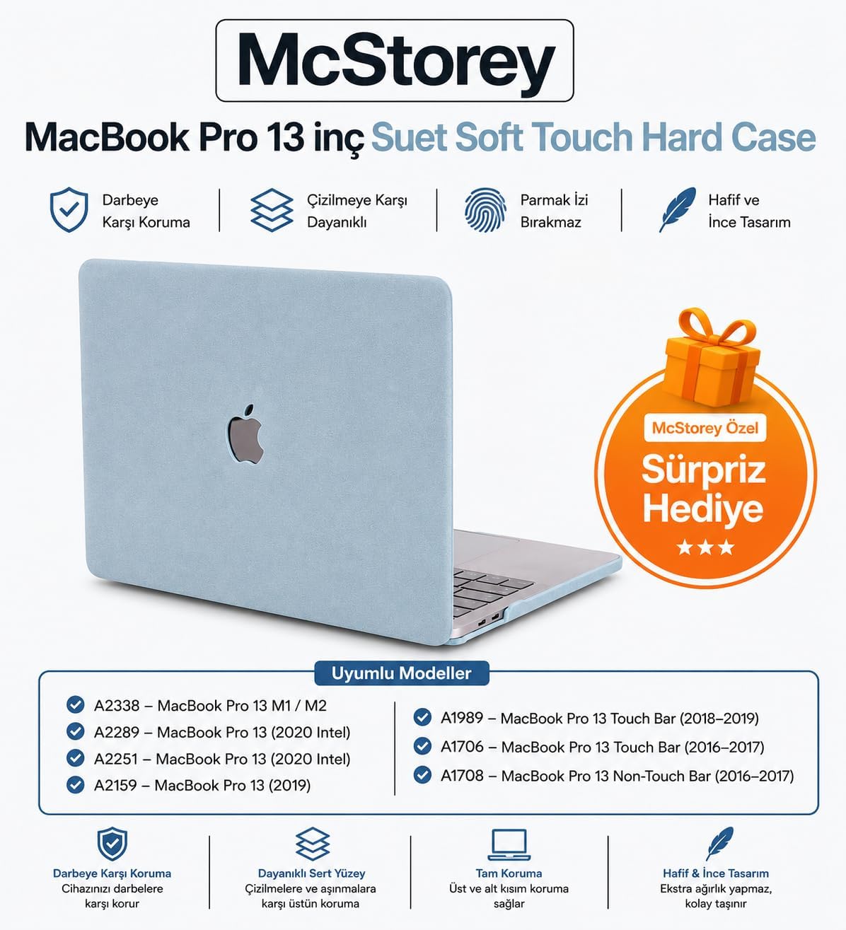 MacBook Pro 13 Süet Dokulu Kılıf A1706 A1708 A1989 A2159 A2251 A2289 A2338 M1 M2 Uyumlu İnce Hafif Sert Kılıf Koruyucu Kapak Açık Mavi