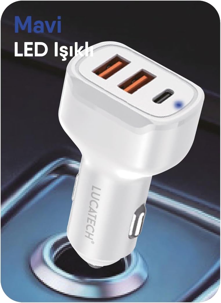 100W Ultra Hızlı TURBO Araç Şarj Başlığı – 2 USB + 1 PD (Beyaz)