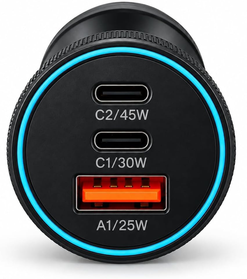 HP-AD01 105W GaN 3 Portlu Araç İçi Hızlı Şarj Cihazı – 2x Type-C + USB-A Çakmaklık Şarj Adaptörü