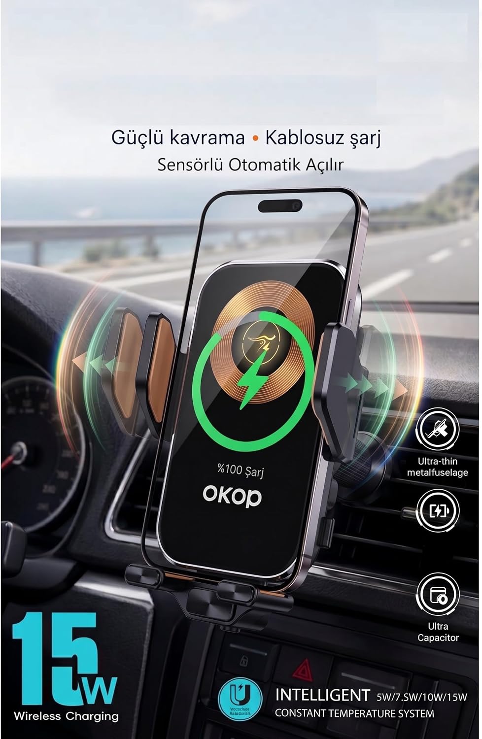 Otomatik Sensörlü Kablosuz Şarjlı Araç İçi Telefon Tutucu - 15W Kablosuz Hızlı Şarjlı - Otomatik Açılır Kapanır Akıllı Araç Telefon Standı