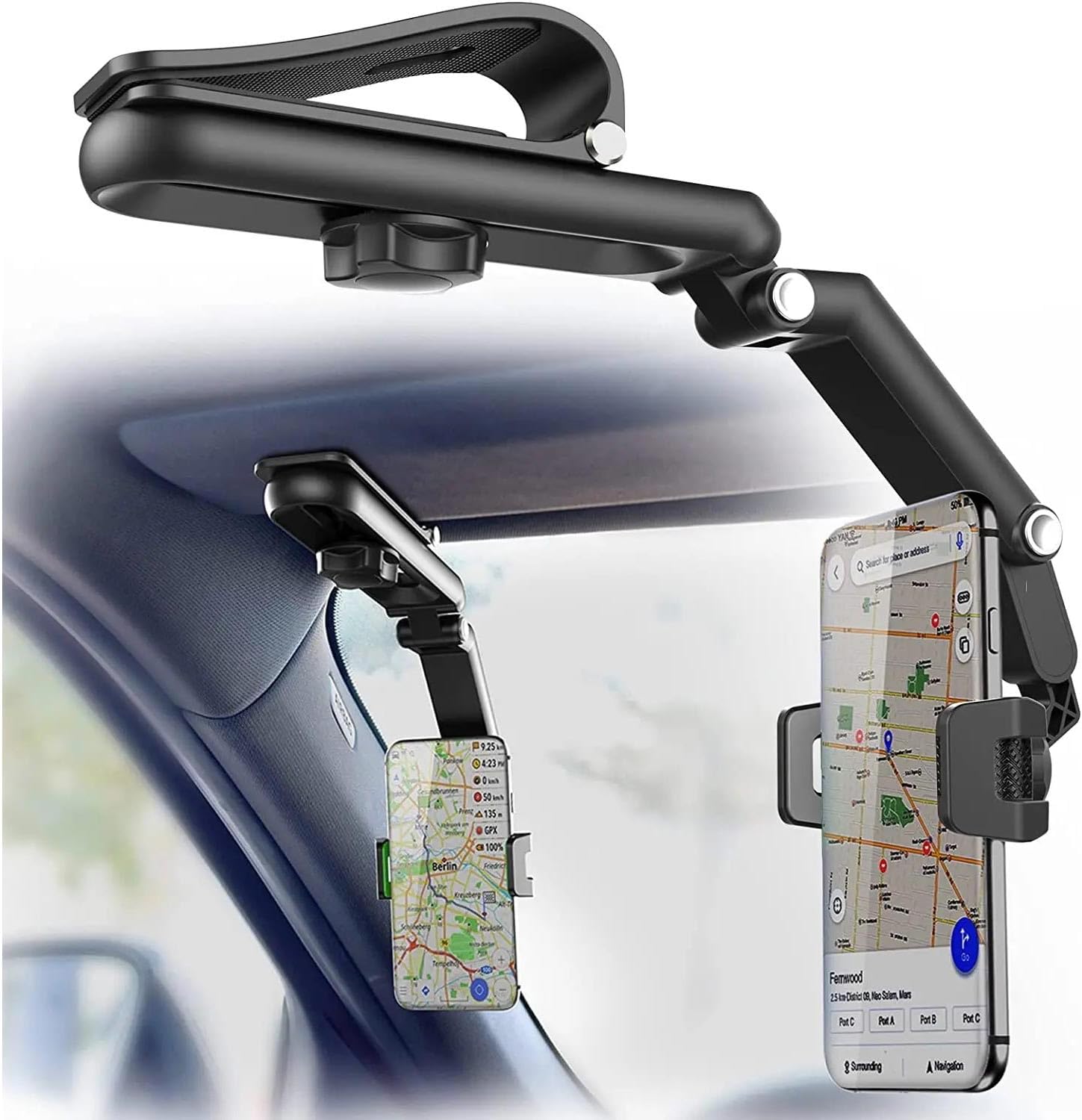 CR53 Çok Fonksiyonlu Güneşlik ve Dikiz Aynası Araç İçi Telefon Tutucu – 360° Dönebilen Katlanabilir Çok Eklemli Telefon Tutucu