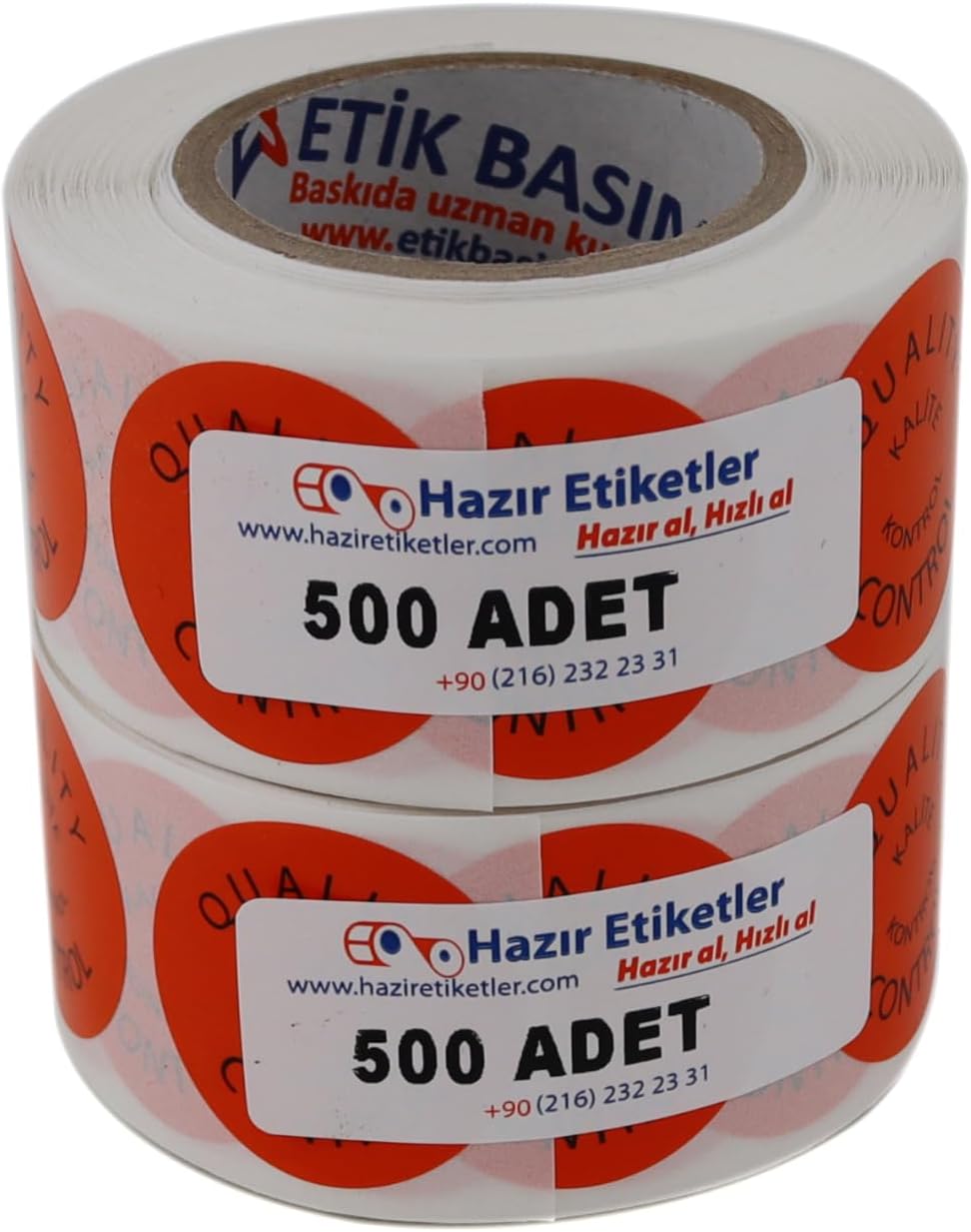 Kalite Kontrol Etiketi 30mm Çap Ruloda 500 Adet 2 Rulo Toplam 1000 Adet Turuncu Zemine Siyah Baskılı Quality Control Etiketi
