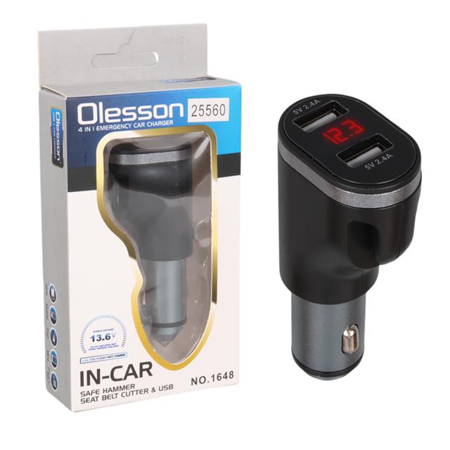 Olesson 1648 12-24V Çift USB Girişli 5V-2.4A Dijital Voltaj Ekranlı Araç Çakmaklık Şarj Aleti