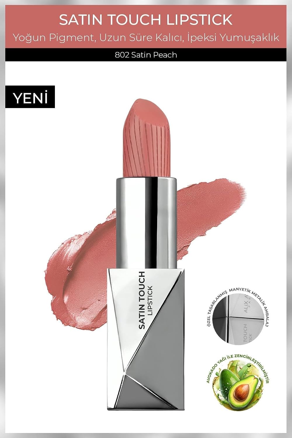 Uzun Süre Kalıcı Nemlendirici Pürüzsüz Etkili Yarı Mat Ruj Satin Touch Lipstick 802 Satin Peach