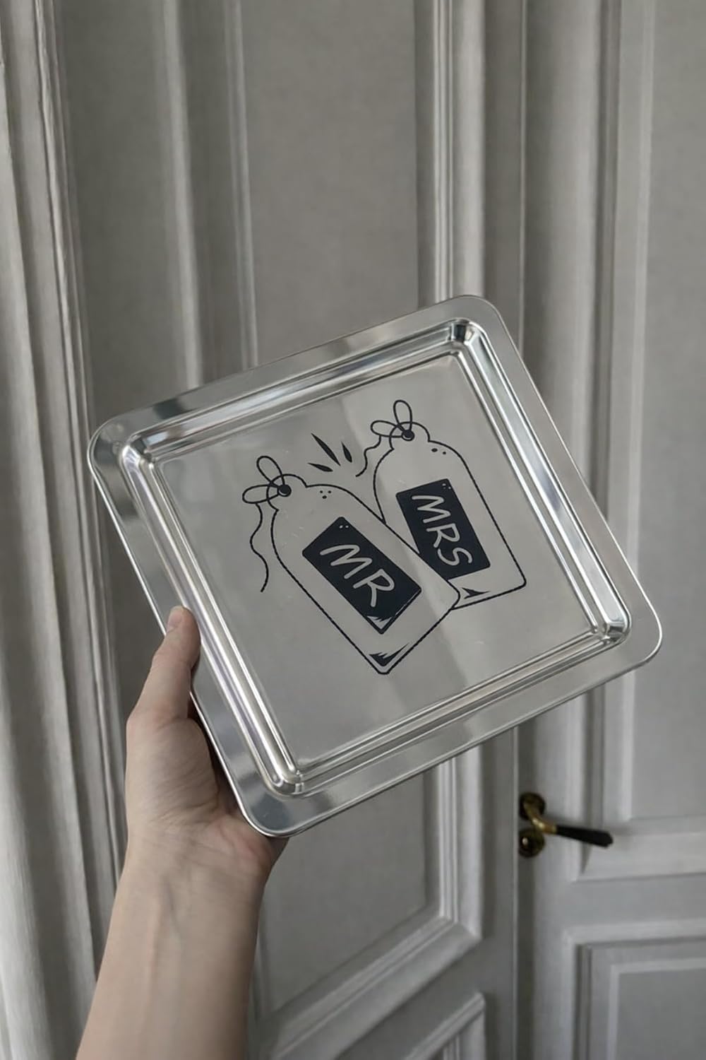 Mr. & Mrs. Desenli Kare Paslanmaz Çelik Kahve Çay Söz Nişan Sunum ve Dekoratif Tepsi