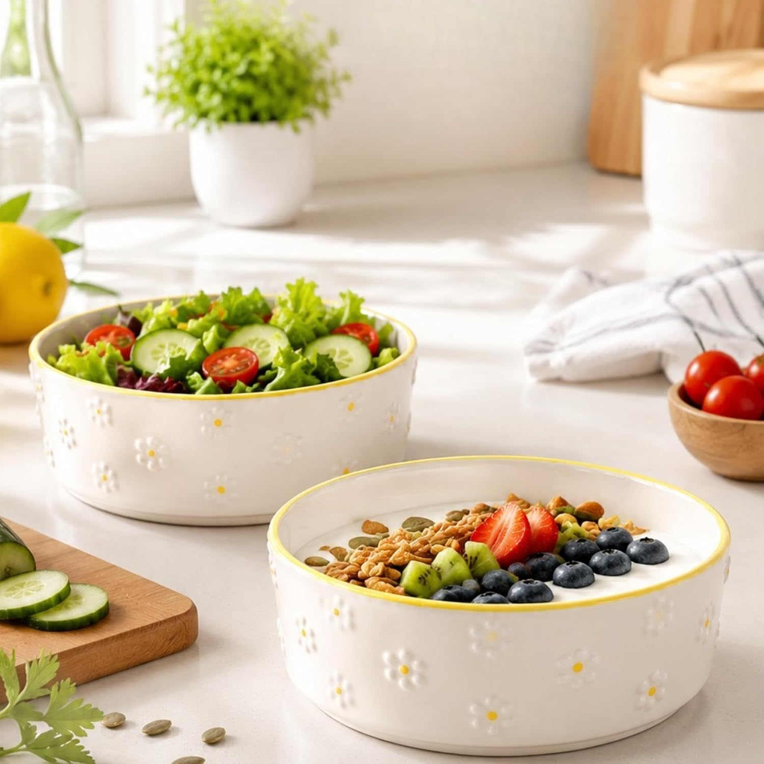 2'li Seramik Kase Seti 400 ml, 15 cm Salata Kasesi, Kahvaltılık Yoğurt Çorba ve Meze Kasesi, Porsiyon Kontrollü Diyet Kase, Sunum İçin Şık Bowl Seti, BEYAZ*PAPATYA