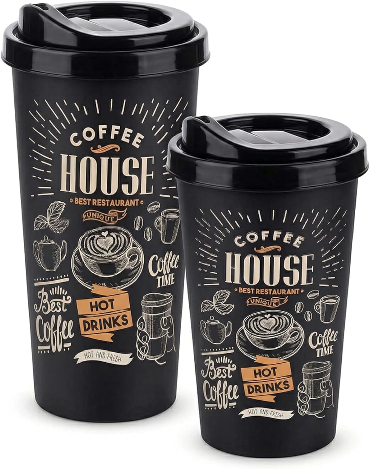 Titiz 2'li Coffee House Desenli Kahve Bardağı Seti (650 ml + 400 ml) - Kahverengi Şık Tasarımlı Pipetli Bardak Takımı
