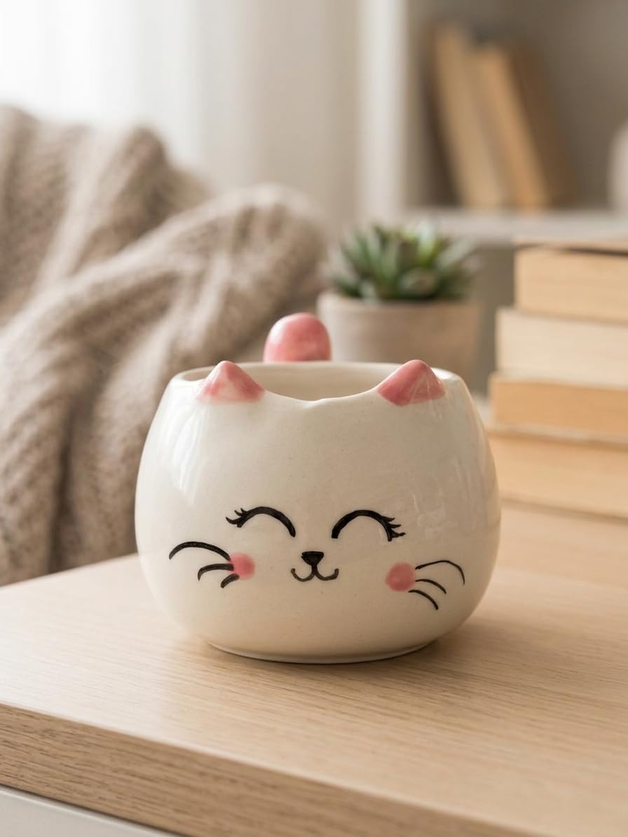 Uyuyan Kedi Kupa 3D Kabartmalı El Yapımı Krem Parlak Kupa - El İşçiliği 3D Hediyelik Kupa