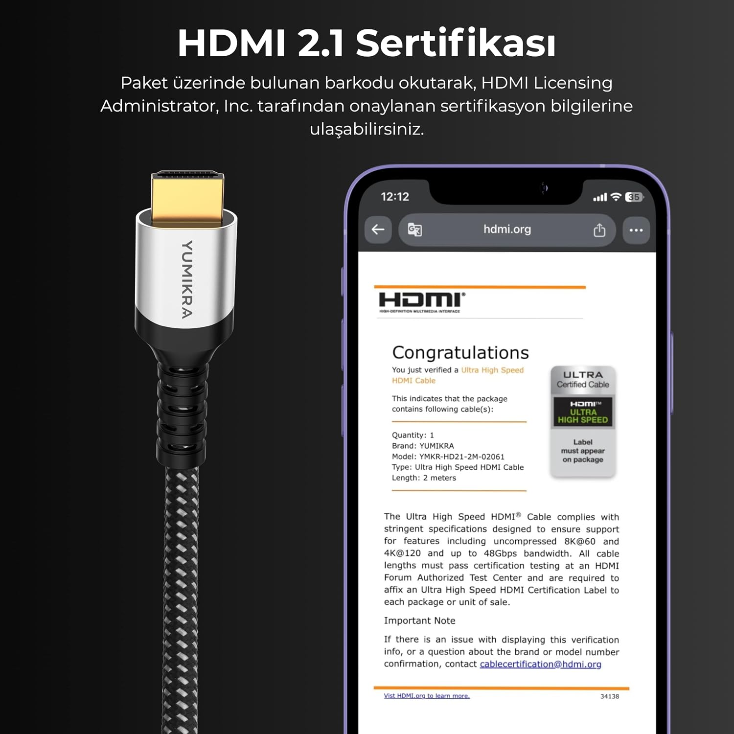 Ultra Sertifikalı HDMI 2.1 Kablo, 8K@60Hz, 4K@240Hz, 48 Gbit/s, HDMI Sertifikalı, Alüminyum Gövde - 3 Metre