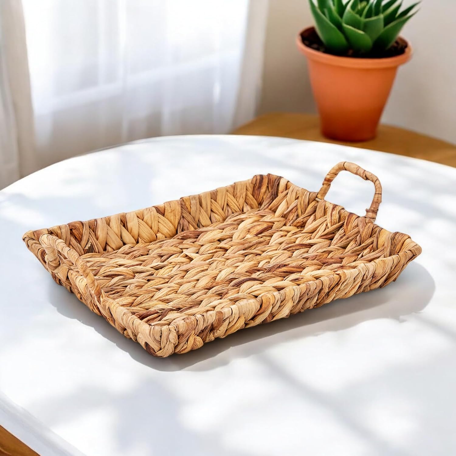 El Yapımı Su Sümbülü Hasır Kulplu Dekoratif Tepsi Büyük Boy (32cm*25cm*4cm)