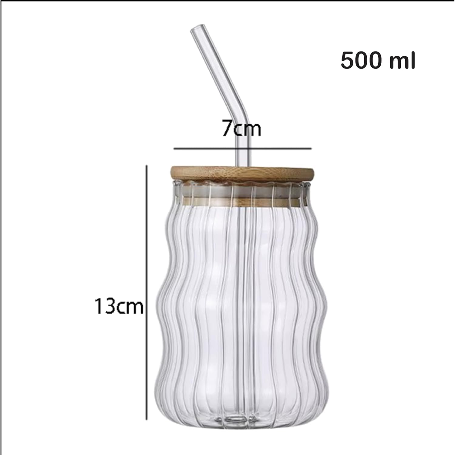 500ml Bambu Kapaklı Cam Bardak, Cam Pipetli Silikon Kapak Contalı İnce Çizgi Desenli Sıcak Soğuk İçecekler için Kahve Meyve Suları ve Çayları için Ergonomik Şık Tasarım