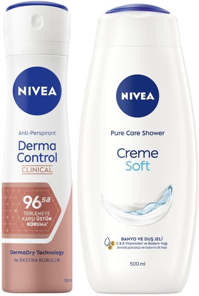 Creme Soft Duş Jeli 500ml ve Kadın Sprey Deodorant Derma Control Clinical 50ml, 96Saat Ter Koruması