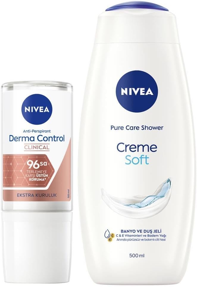 Creme Soft Duş Jeli 500ml ve Kadın Rollon Deodorant Derma Control Clinical 50ml, 96Saat Ter Koruması