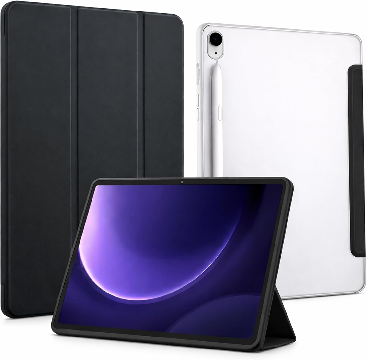 Samsung Galaxy Tab S7 FE ile uyumlu Tablet Kılıfı SM-T730 Şeffaf Arka Kapak Smart Cover Katlanabilir Standlı Kalem Yuvalı Darbe Emici Koruyucu Slim Tablet Kılıfı Akıllı Uyku Özellikli