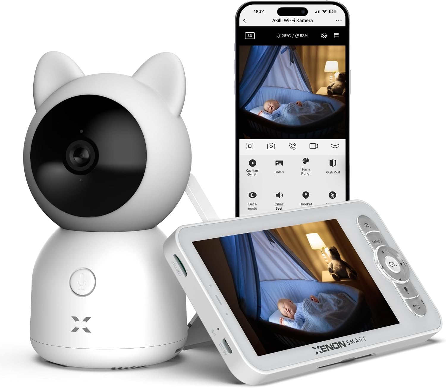 Bebek Kamerası (Ekranlı) | 5"" Monitör WiFi Mobil Takip 360° PTZ Gece Görüş Sıcaklık Nem X7202