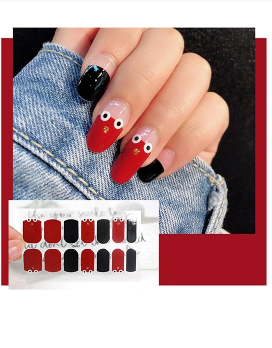 Tırnak Oje Sticker Nail Art Set, Kırmızı-Siyah Desenli