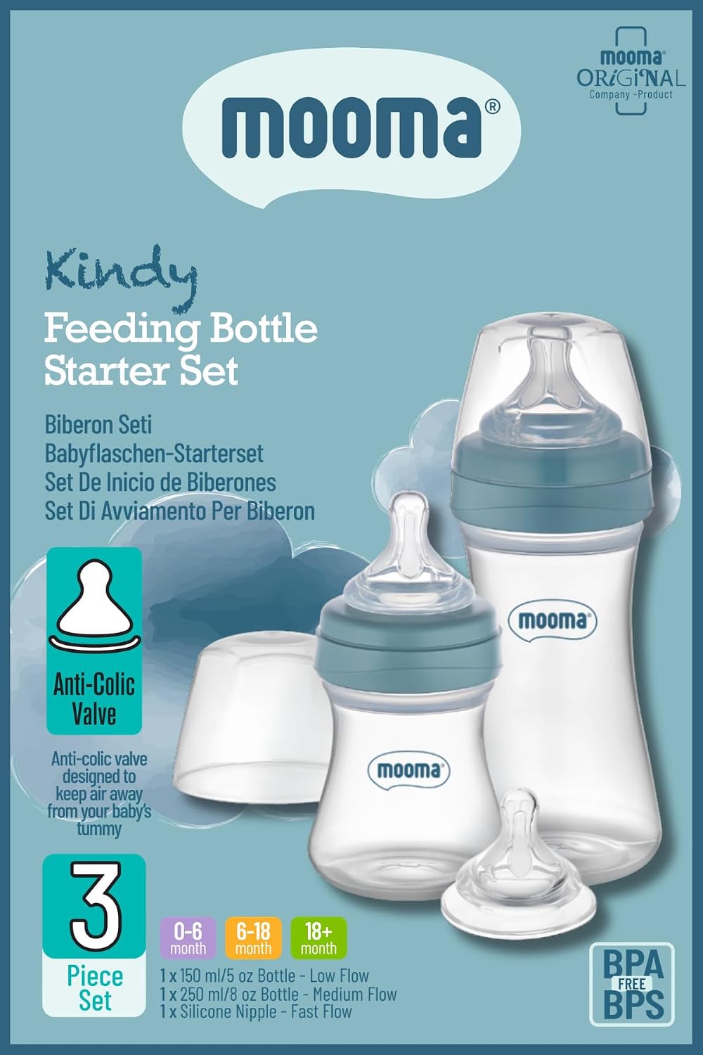 Kindy Antikolik 150 ml, 250 ml PP Biberon Başlangıç Seti, Mavi