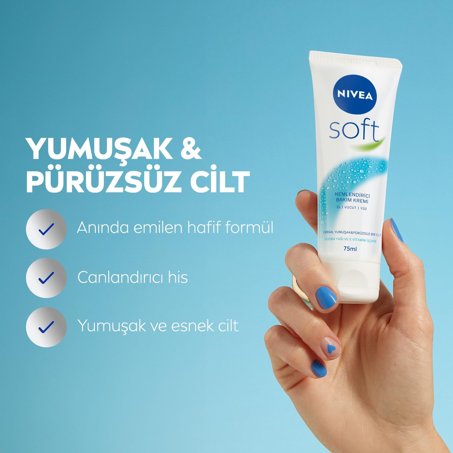Soft Krem 75 ml, Nemlendirici Bakım Kremi, Yüz, Vücut, El, Jojoba Yağı ve E Vitamini ile Cilt Bakımı, Anında Emilen Hafif Formül, Tüm Ciltler için