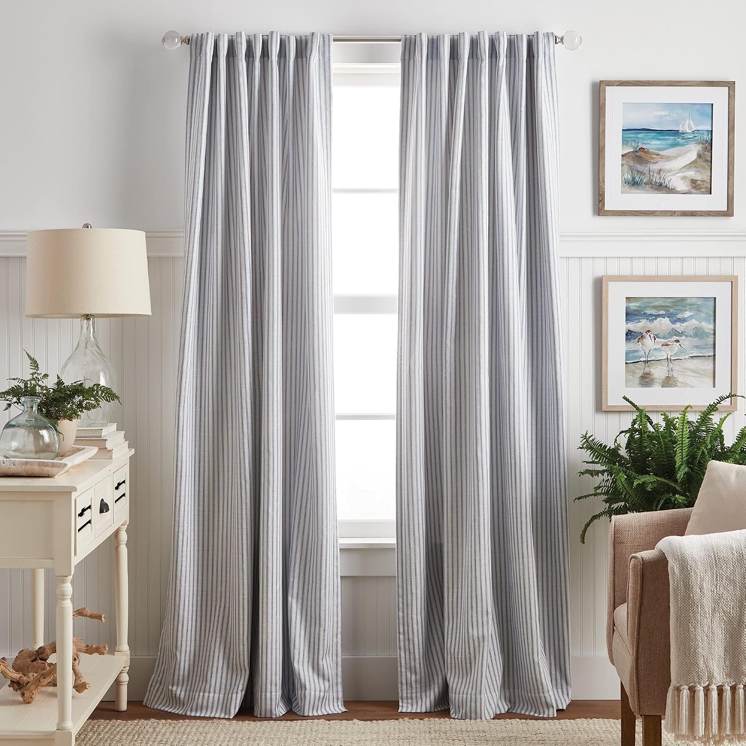 Ticking Çizgili Karartma Astarlı Çubuk Cebi/Arka Sekme Pencere Perdesi Panel Çifti, 241 cm, Beyaz/İndigo, 213 cm