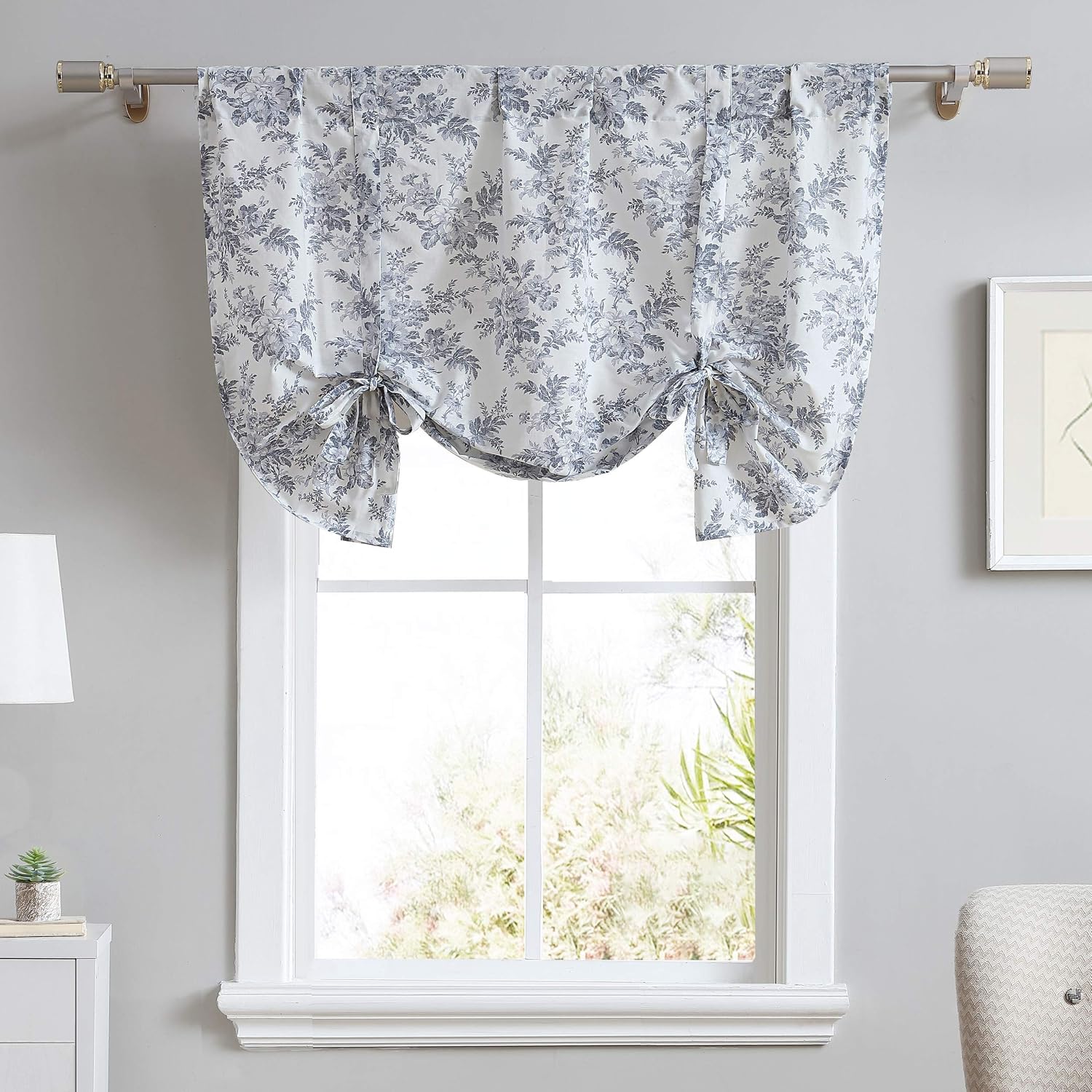 Home - Pamuk fırfırlı, ev dekorasyonu için şık ve hafif pencere dekorasyonu (Annalise Floral Grey, 127 x 63,5 cm)