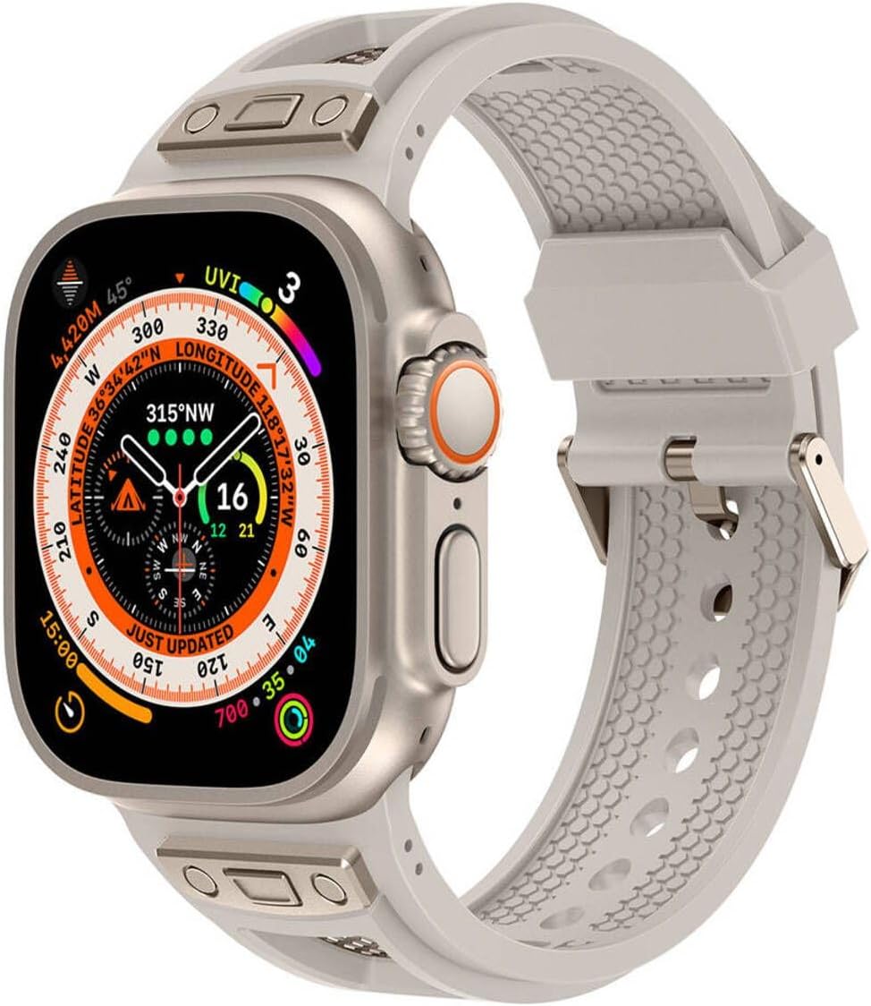 CONSTRAIN Apple Watch Ultra 49mm İle Uyumlu Krd, 117 Hava Alabilen Delikli Metal Süslemeli Desenli Silikon Kordon, Titanyum-Starlight
