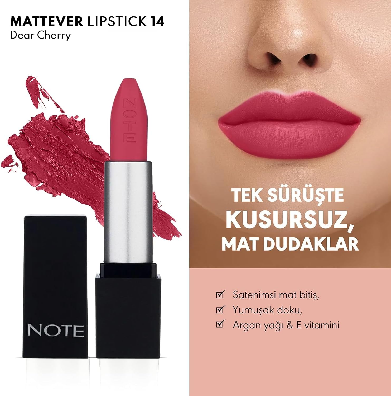 Cosmetics Mattever Lipstick 14 Dear Cherry Yarı Mat Saten Bitişli Ruj, Pembe