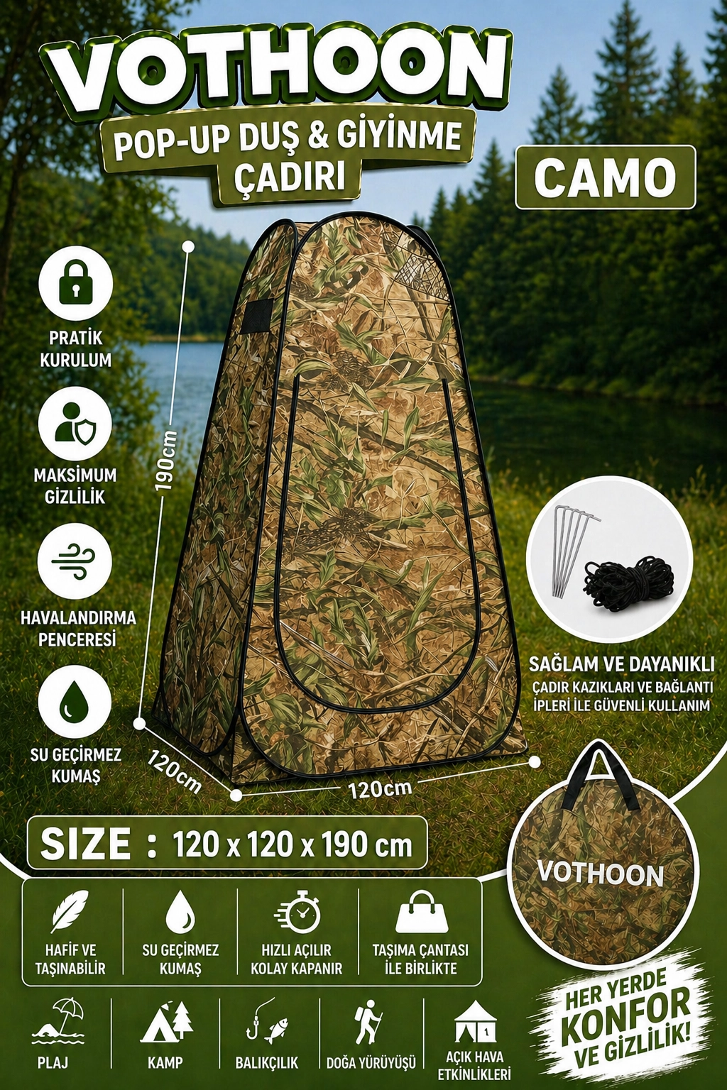Otomatik Kabin Giyinme Çadırı 120x120x190 cm Üst Havalandırma Yan Pencereli Duş & WC Çadırı