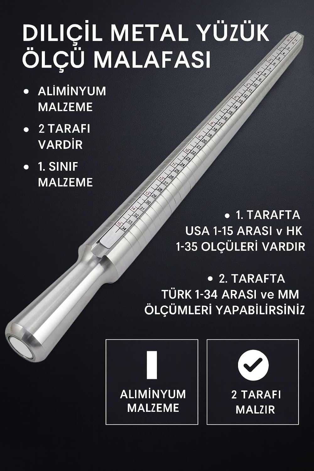 4 ölçülü Aliminyum Metal USA HK Yüzük Ölçü Malafası Parmak Ölçer cin209