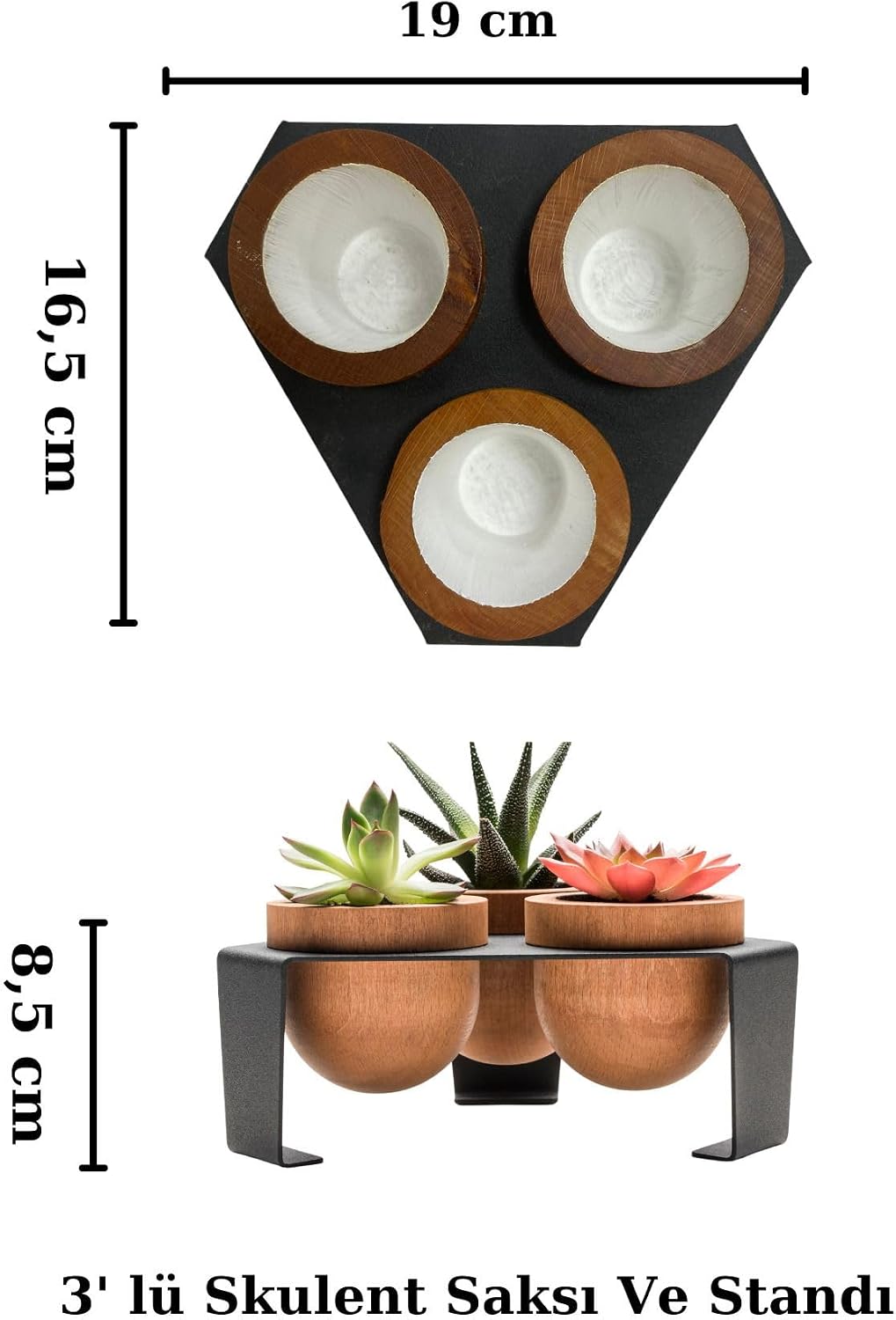 Metal Stantlı 3’lü Skulent Saksısı – Siyah Metal Stant ve Meşe Saksılar, Modern Tasarım, Dekoratif Çiçek Saksılığı, Skulent ve Kaktüs İçin Şık Saksı, Ev ve Ofis Dekoru