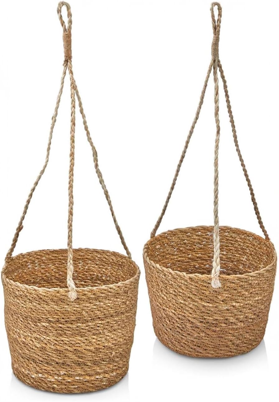 2'li Asılabilir El Yapımı ve Doğal Yuvarlak Hasır Saksılık Seti, 2'li İpli Asılabilir Hasır Yuvarlak Saksı Seti (23cm*18cm-20cm*15cm)