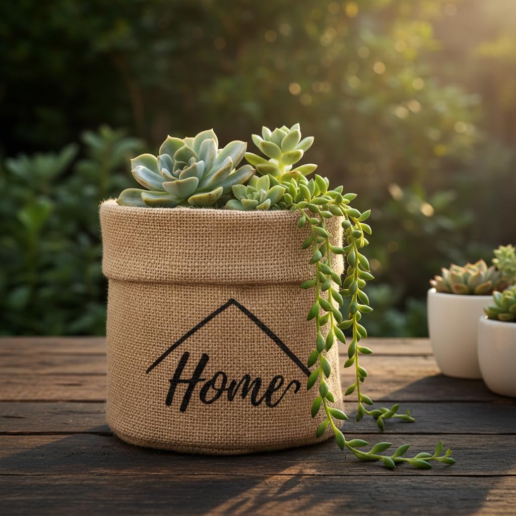 "Home" Mini Jüt Saksı Kılıfı (Çap 14cm, Yükseklik 15cm) – Krem Renk Katlanabilir Kumaş Bitki Sepeti | Masaüstü Dekoratif Kalemlik, Makyaj Fırçalık, Küçük Eşya Düzenleyici