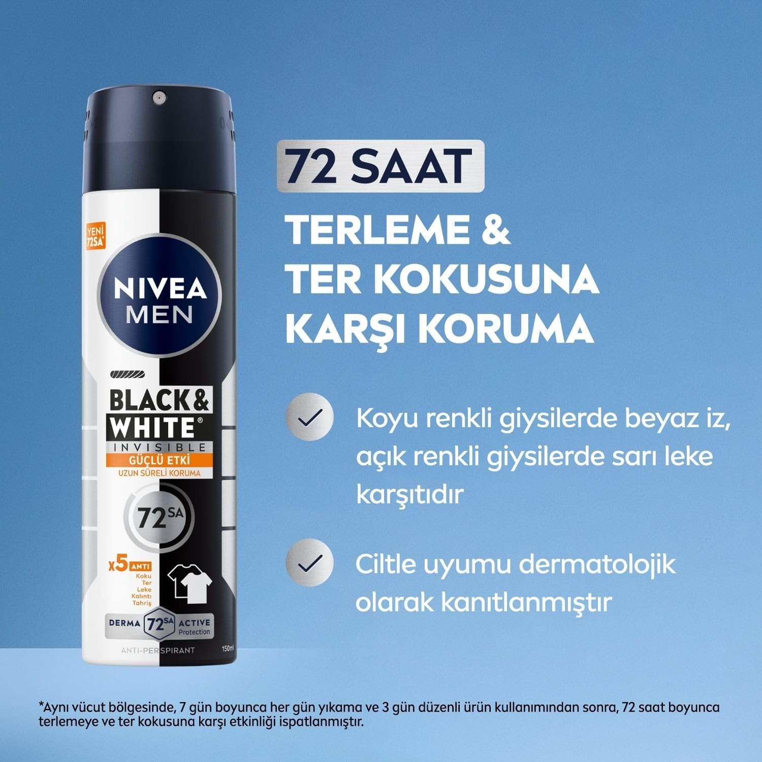 Erkek Sprey Deodorant Black&White Invisible Güçlü Etki 150 ml, 72Saat Anti Perspirant Terleme ve Ter Kokusuna Karşı Koruma,Kıyafetlerde Leke Karşıtı