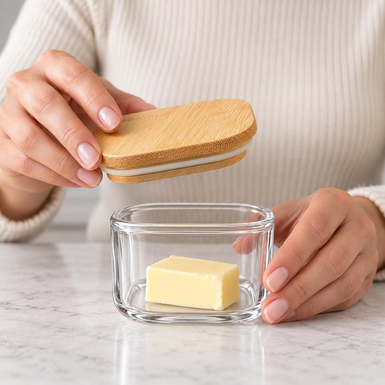 Bambu Kapaklı Borosilikat Cam Kavanoz 8 × 5 cm, Kare Şeffaf Saklama Kabı, Küçük Tereyağlık, Kahvaltılık, Çay, Baharat ve Kuruyemiş Kavanozu, 1 Adet