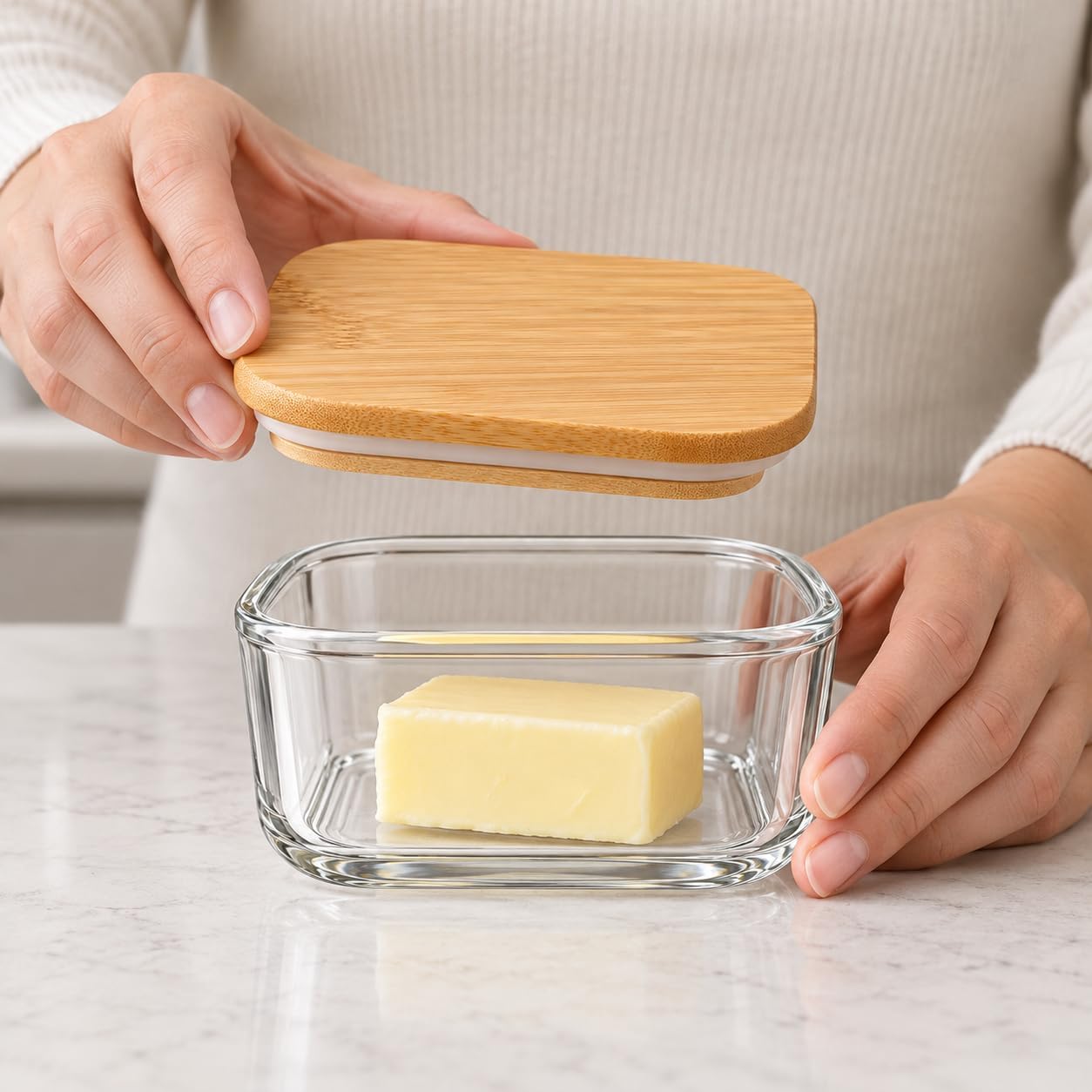 Bambu Kapaklı Borosilikat Cam Kavanoz 10 × 6 cm, Kare Formlu Şeffaf Tereyağlık, Kahvaltılık ve Kuru Gıda Saklama Kabı, Mutfak Düzenleyici, 1 Adet
