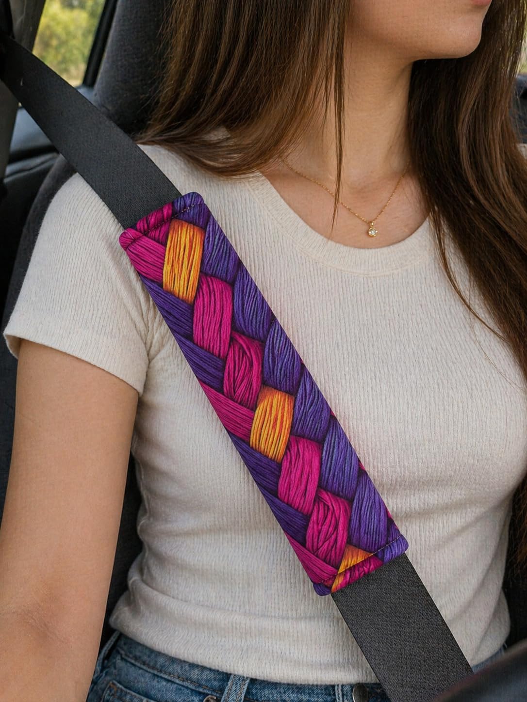 Dijital Baskılı Emniyet Kemeri Pedi, 26 cm, Yumuşak Süngerli, Mor ve Pembe Örgü Desenli, Universal, 2 Adet