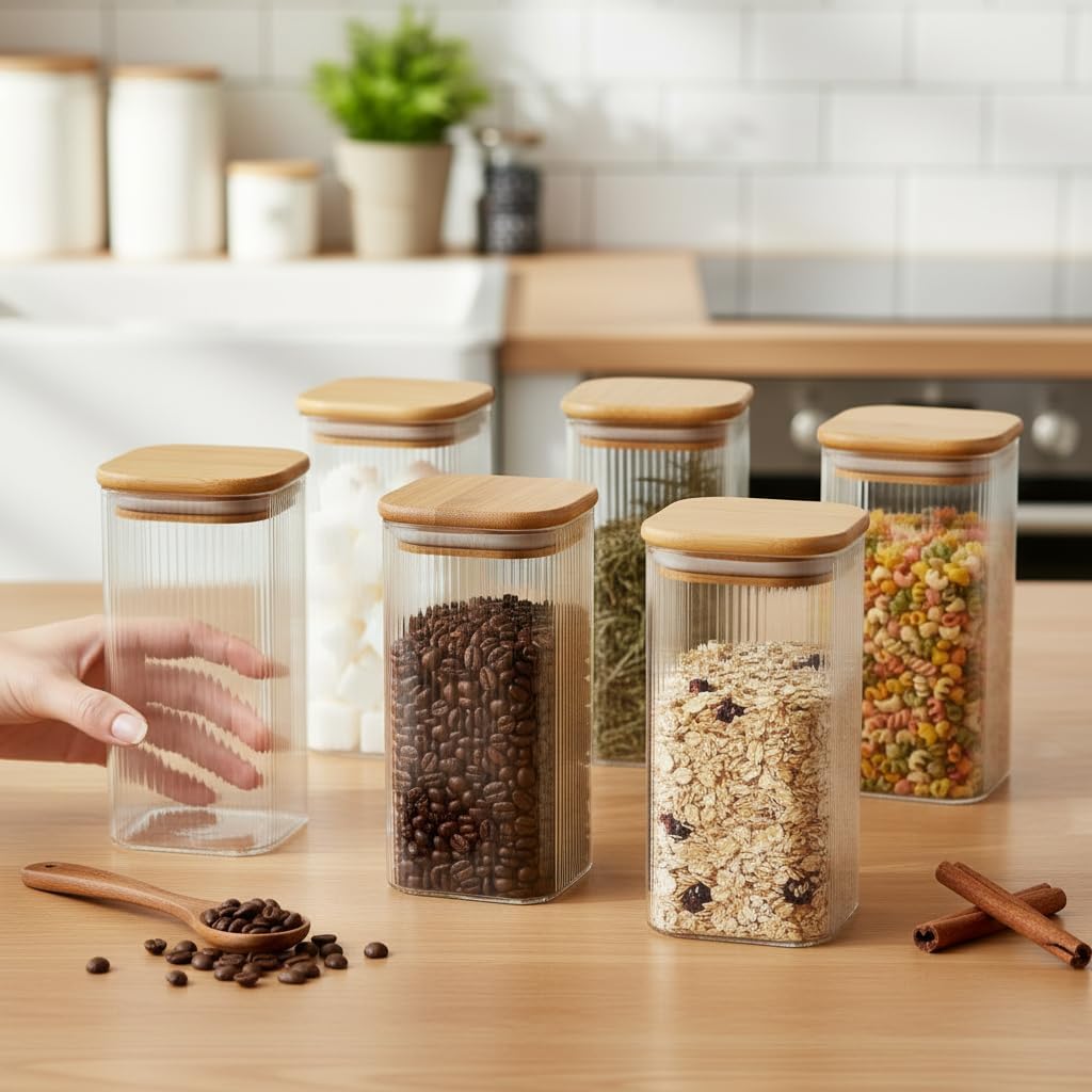 6'lı Set 425 ml Bambu Kapaklı Kare Cam Kavanoz - 6x12 cm Vakumlu Uzun Boy Şeffaf Erzak Kabı Kahve Çay Baharatlık ve Mutfak Düzenleyici Organizer Saklama Kutusu