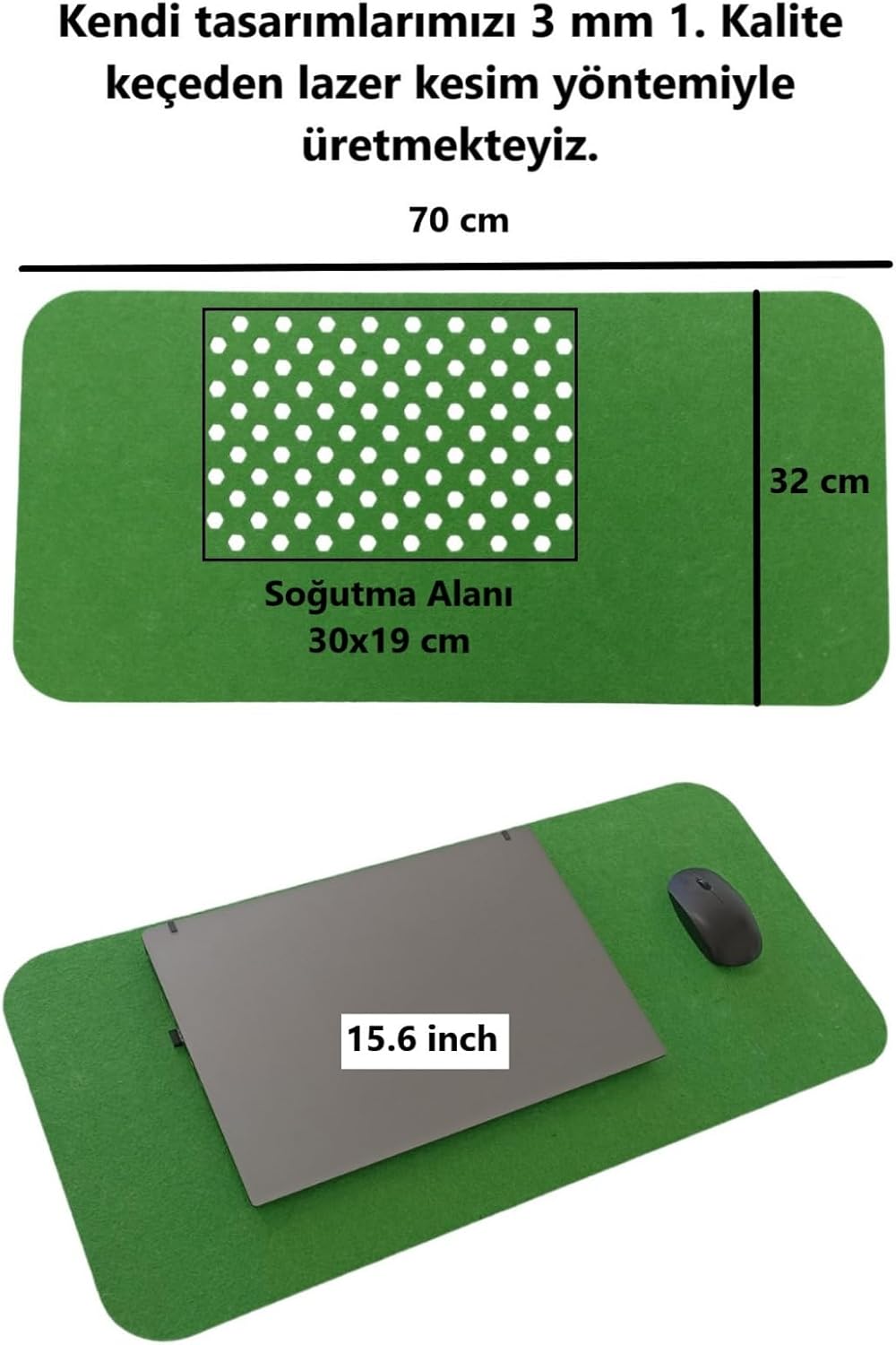 Keçe Masa Üstü Mouse Pad ve Bilgisayar Düzenleyici 70x32 cm – Antibakteriyel Mat, Doğal Keçe Mat, Masa Koruyucu Altlık, Ofis ve Ev için Minimalist Tasarım (yeşil)