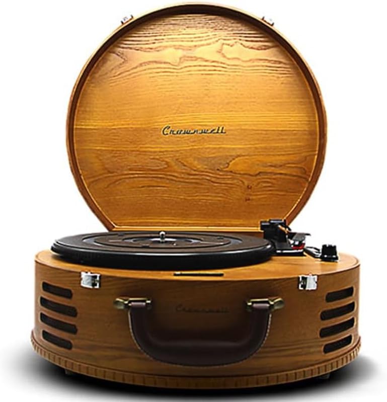 Lion Retro Çanta Tipi Yuvarlak Pikap – Dahili Hoparlörlü, Bluetooth Bağlantılı Taşınabilir Plak Çalar – Vintage Ahşap Gövde, 33/45 RPM, Deri Saplı Nostaljik Pikap