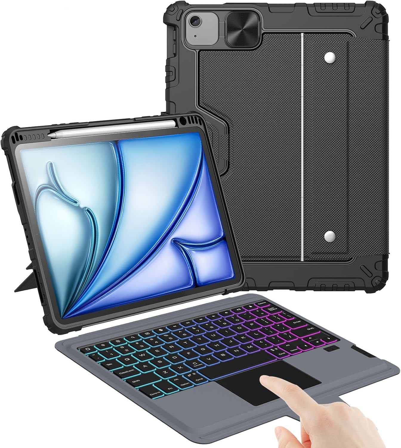 iPad Air 11" (M2, 2024) Kılıf Çıkarılabilir Klavye, iPad Pro 11 (1./2./3. Nesil) ve Air 5./4. Nesil Sağlam Klavye Kılıfı, 7 Renkli Arkadan Aydınlatmalı, İzleme Dörtgeni, Portre/Manzara Modları