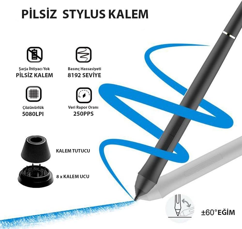 VK640 ve VK1200 Grafik Tabletler Için 8192L Pilsiz Kalem-P05