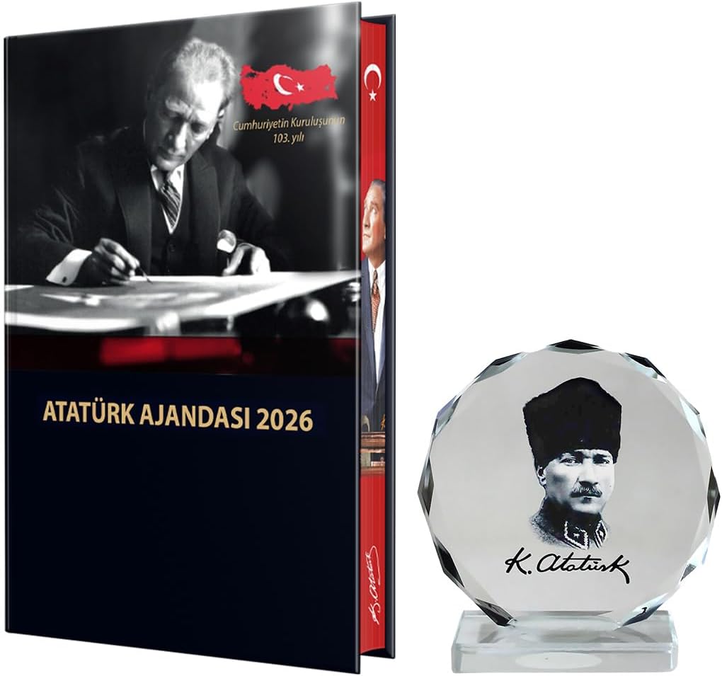 2026 Atatürk Ciltli Ajanda ve Müzikli ve Kristal Portre