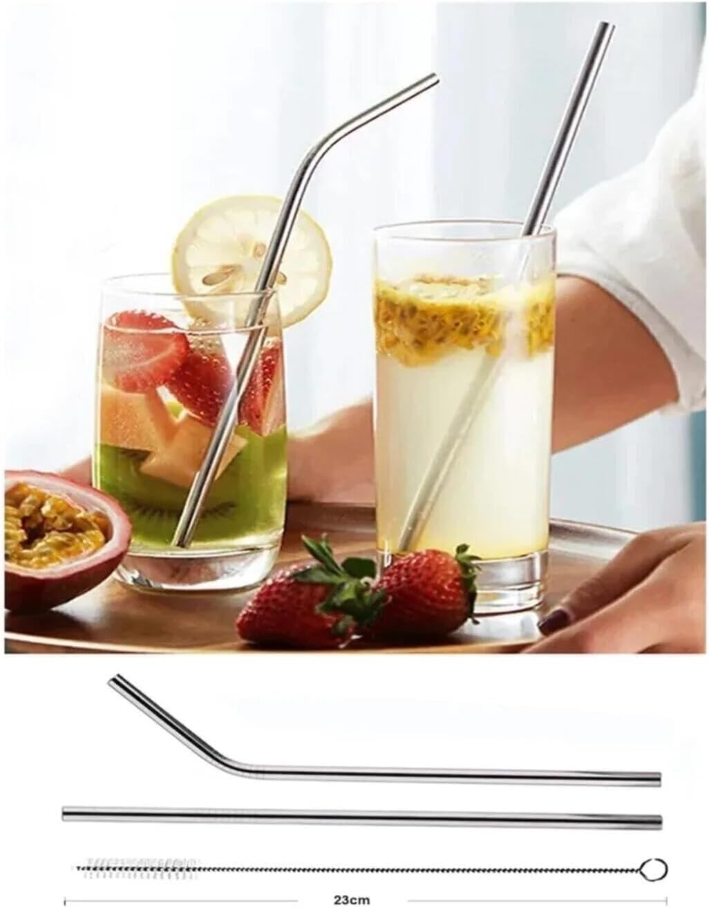 Paslanmaz Çelik Pipet Seti, 2 Adet 21 cm Pipet ve Temizleme Fırçası Çevre Dostu, Gümüş, Ev Restoran Kullanımı İçin
