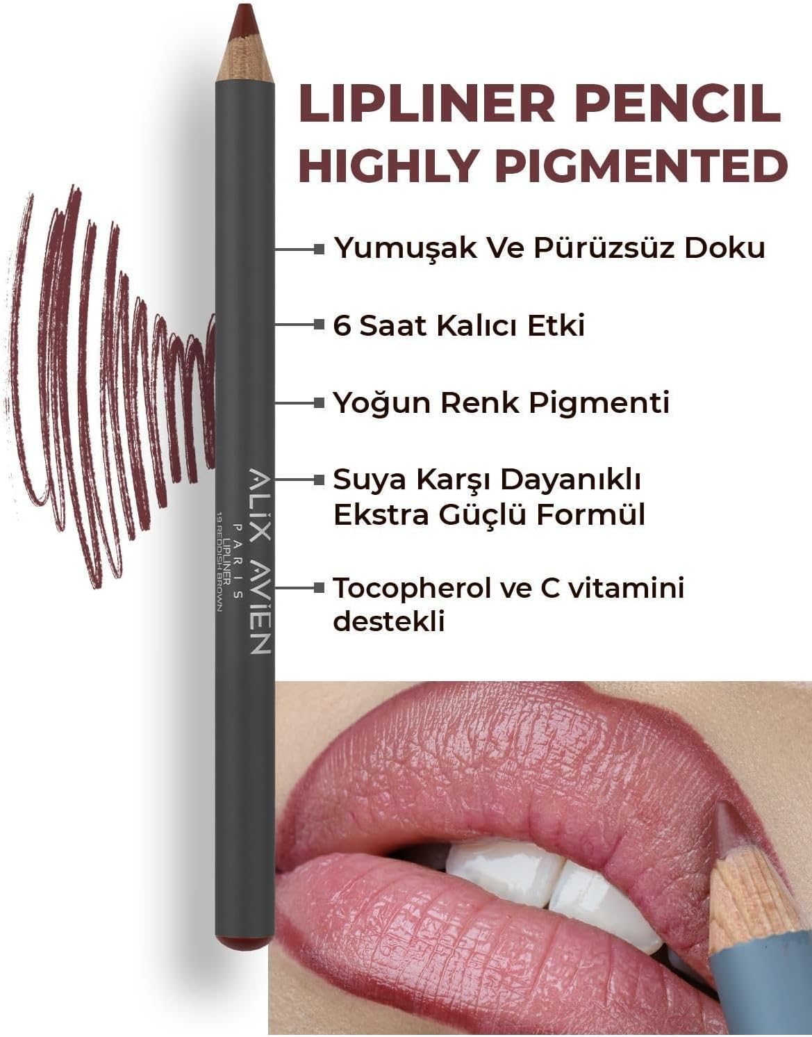 Uzun Süre Kalıcı Dağılma Yapmayan Nemlendirici Dudak Kalemi - Lipliner Pencil 19 Reddish Brown