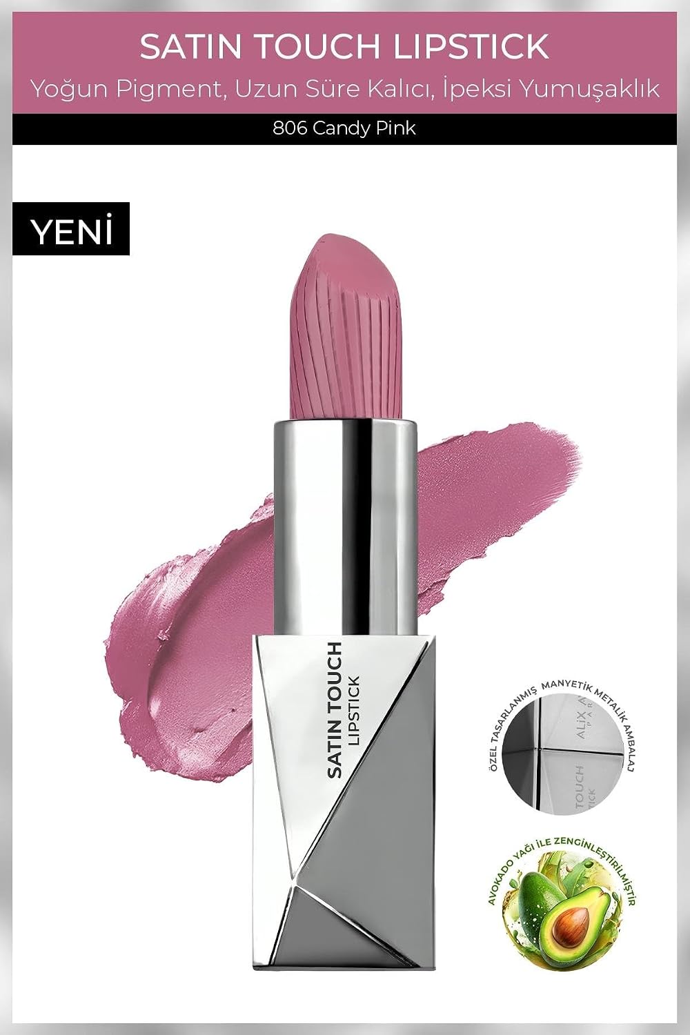 Uzun Süre Kalıcı Nemlendirici Pürüzsüz Etkili Yarı Mat Ruj Satin Touch Lipstick 806 Candy Pink