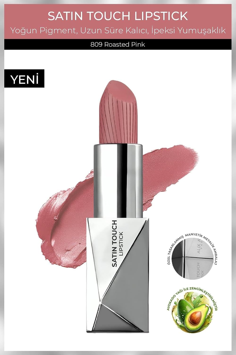 Uzun Süre Kalıcı Nemlendirici Pürüzsüz Etkili Yarı Mat Ruj Satin Touch Lipstick 809 Roasted Pink