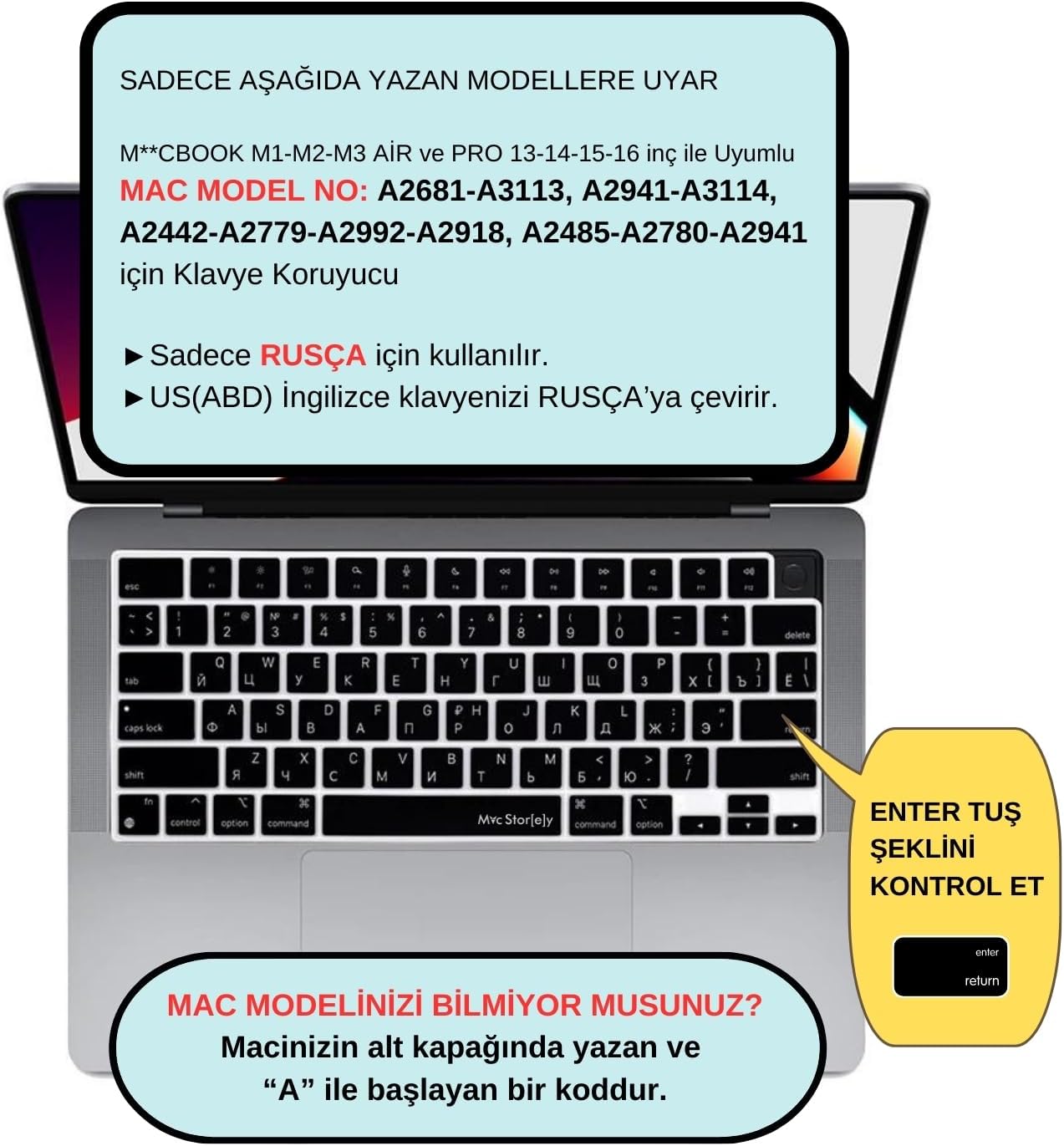 MacBook Rusça Klavye Koruyucu US Amerikan Enter M1-M5 | A2681 A3113 A3240 A3449 A2941 A3241 A2442 A2779 A2992 A2485 A2991 | Russian Keyboard Cover Touch ID Siyah