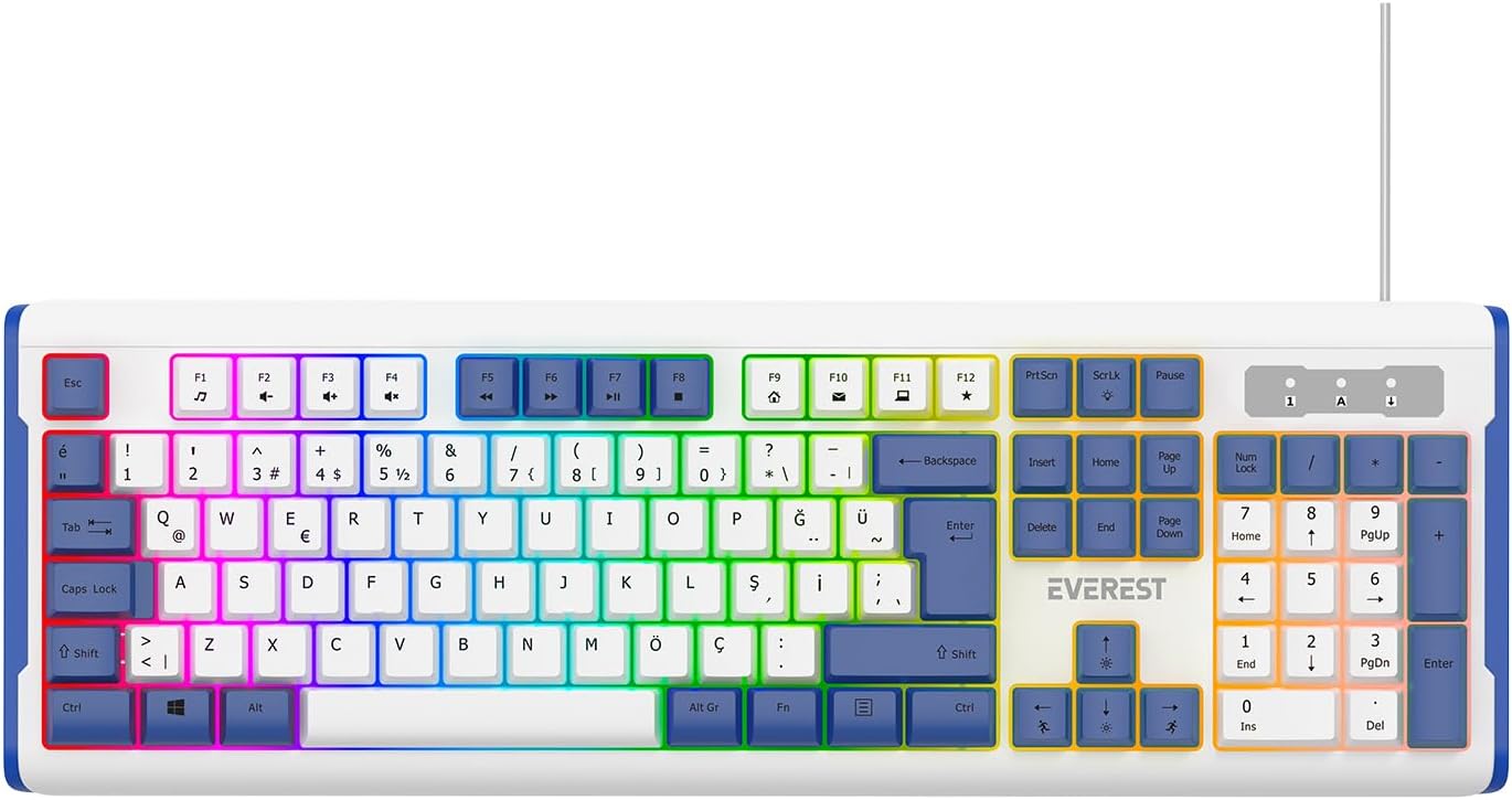 Everest KB-74 Beyaz/Mavi USB Rainbow Aydınlatmalı Q Membrane