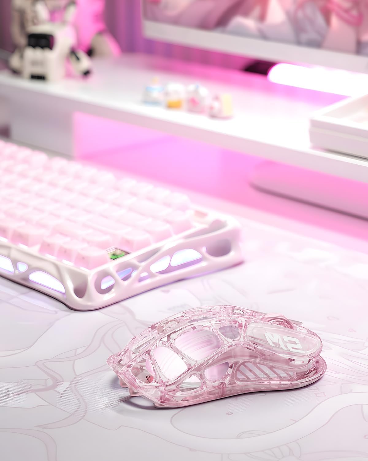 Mercury M2 Kablosuz Oyun Faresi, 26.000 DPI, PAW3395DM Sensörlü -79g Hafif İçi Boş Tasarım -5 Programlanabilir Düğme -5 Dinamik Lightsync RGB-Şeffaf Pembe