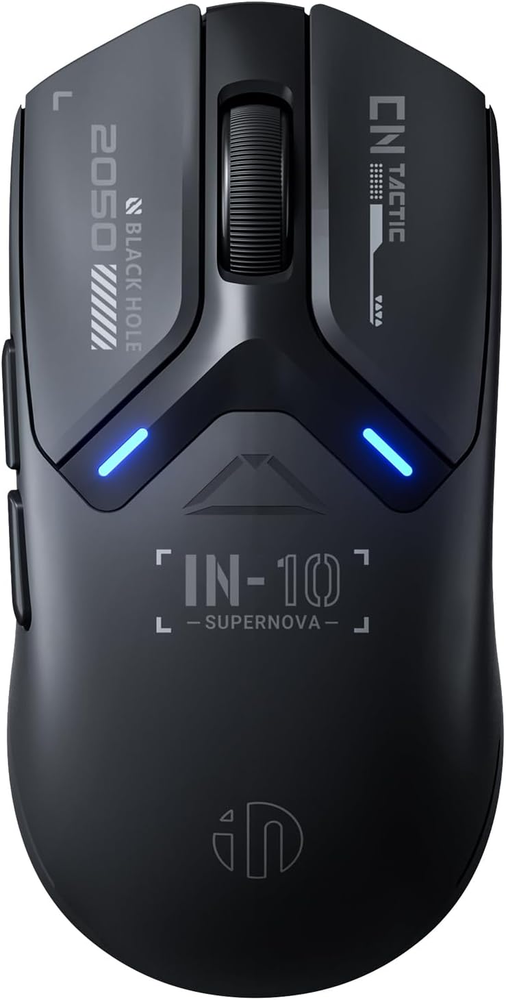 IN10P kablosuz oyun faresi, üç modlu 2.4G/USB-C kablolu/Bluetooth PC oyun faresi, 60g süper ışık, 26K DPI, PAW3395 optik sensör, 8 kHz yoklama hızı, tamamen programlanabilir, siyah