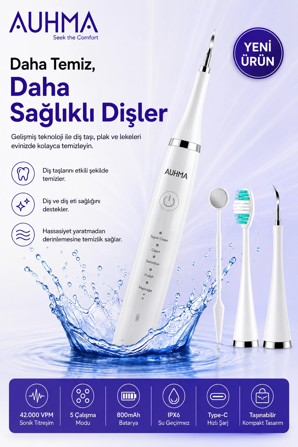 Ultrasonic Şarjlı Elektrikli Akıllı Diş Temizleme Cihazı Beyazlatıcı 5 Mod 3+1 Başlık, IPX8 Su Geçirmez Beyaz